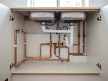 Neat new copper pipework and isolation valves under a kitchen sink