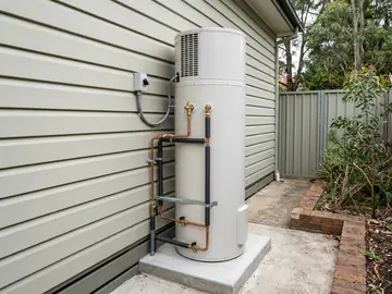 Heat pump hot water system installed on a concrete pad beside a house