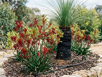 Red and green kangaroo paw and a grass tree in a mulched native garden bed